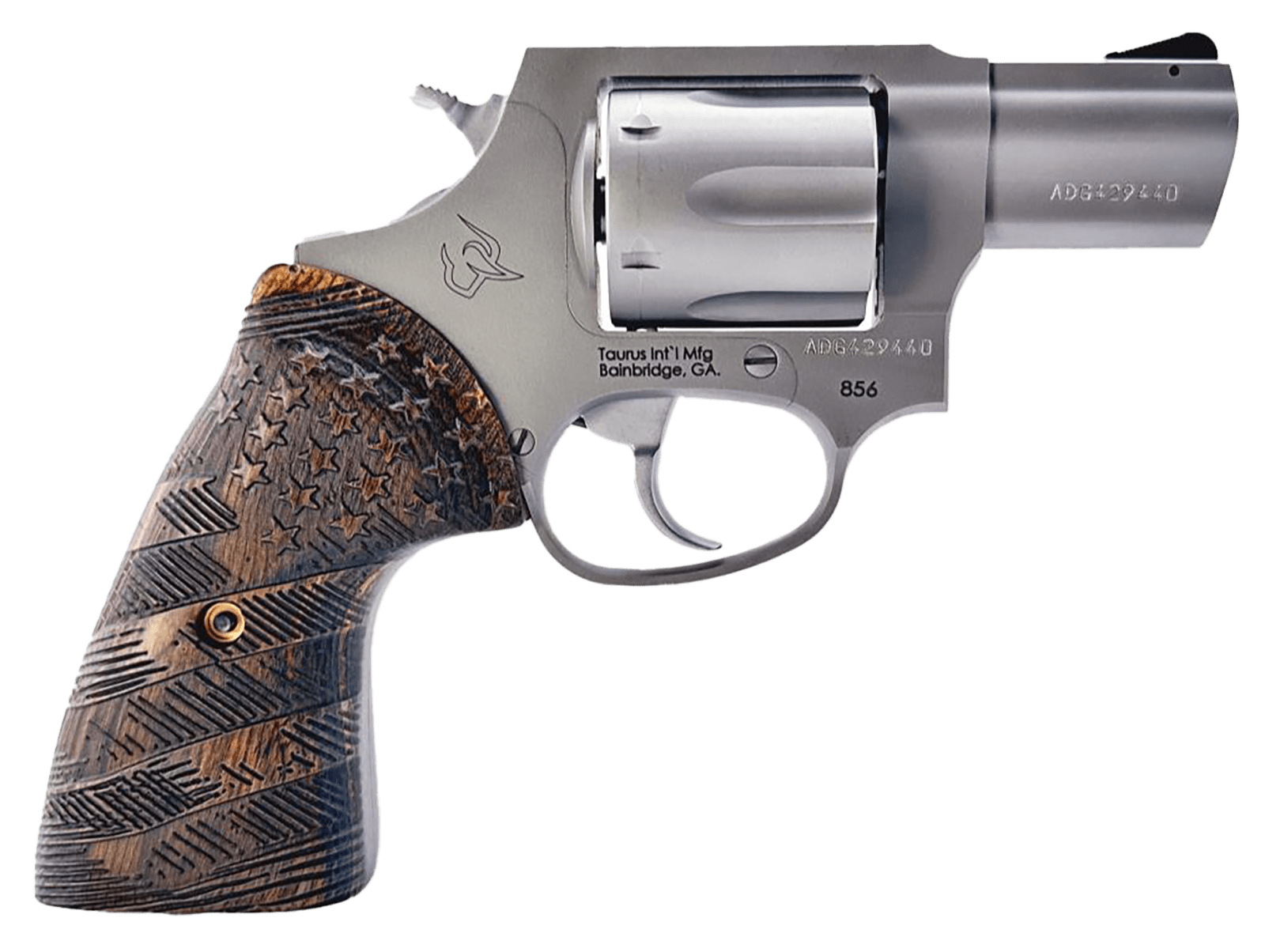 Taurus 2-85629-US2 856 Small 6 Shot 2" Matte Stainless Steel Barrel & Frame, Polished Cylinder, Custom Designed Wood Grip w/Stars, Transfer Bar Safety, Exposed Hammer