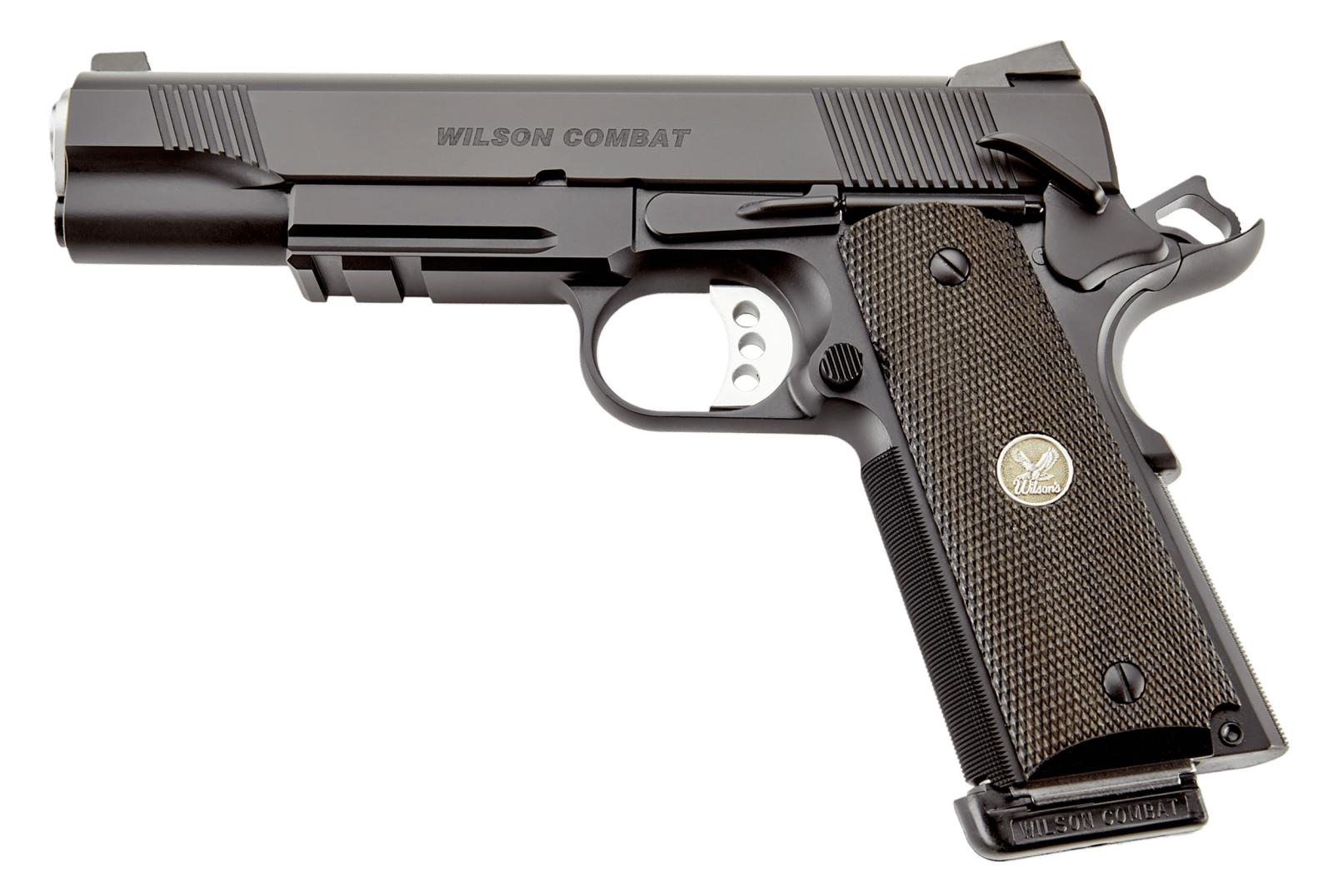 Wilson Combat CQBLRCAALLBLACK CQB *CA Compliant Full Size Frame 45 ACP 8+1 5" Carbon Steel Slide Diamond Wood w/ Pewter Medallions Grip