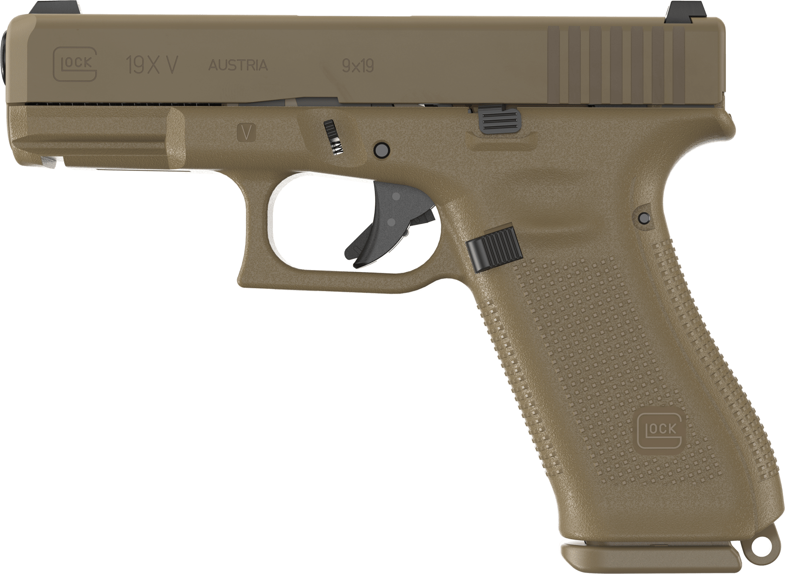 Glock UV1950701X G19X V 9mm Luger 10+1 4.02" Black GMB Barrel, Coyote nPVD Steel Serrated Slide, Coyote Brown Polymer Frame, Textured Polymer Grip, Ambidextrous