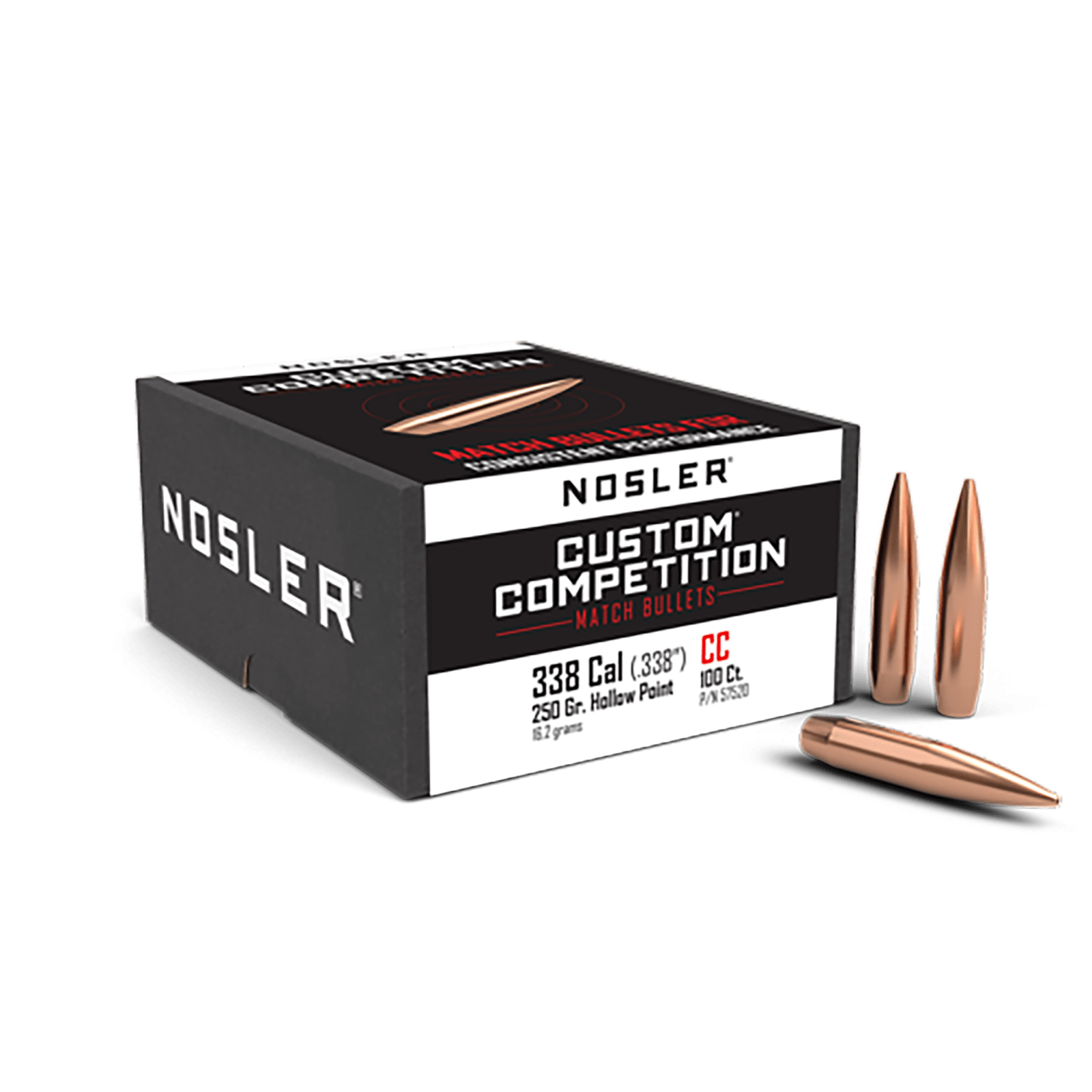Nosler 57520 Custom Competition 338Cal 250gr Hollow Point Boat Tail 100/Box