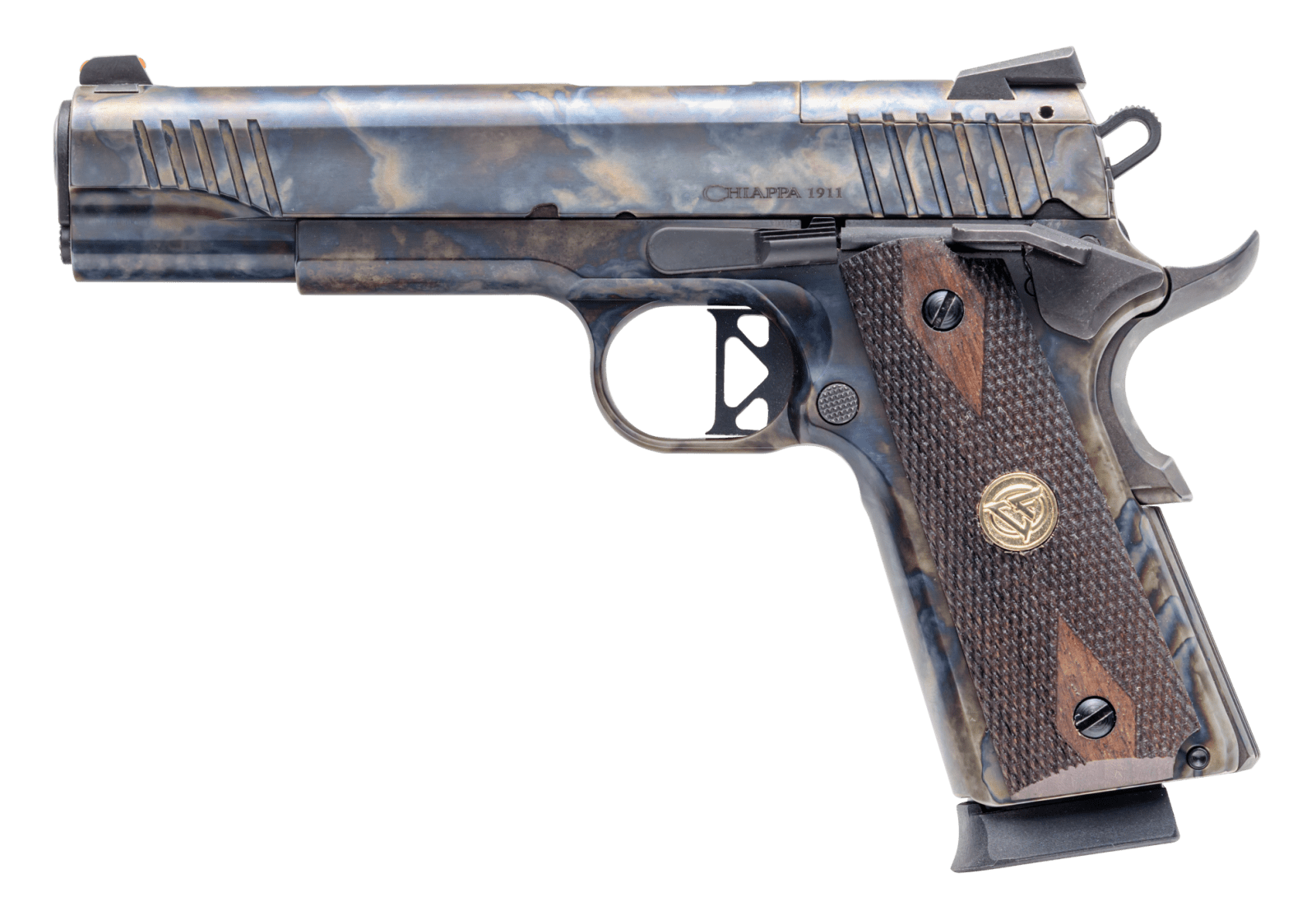 Chiappa Firearms 440235 1911 Superior Full Size Frame 45 ACP 8+1 5" Color Case Hardened Optic Ready/Serrated Slide & Frame,  Walnut Grip, RMR/RMSc Footprint