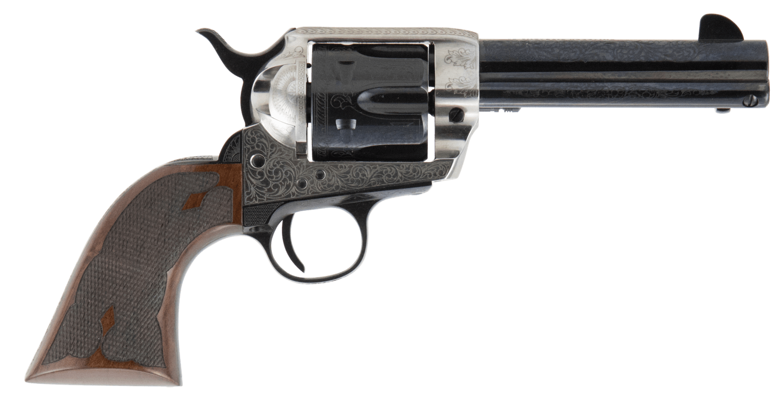 Cimarron PP410LSFW Frontier Pre-War 1896-1940 45 Colt (LC) 6 Shot, 4.75" Blued Steel Barrel, Blued Cylinder, Old Silver Engraved Steel Frame, Checkered Walnut Grip, Exposed Hammer