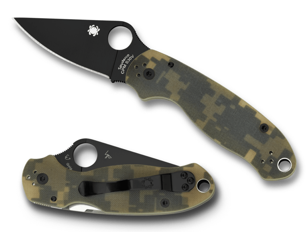 Spyderco C223GPCMOBK Para 3  2.95" Folding Drop Point Plain Black DLC CPM S30V SS Blade Camo G10 Handle Includes Pocket Clip