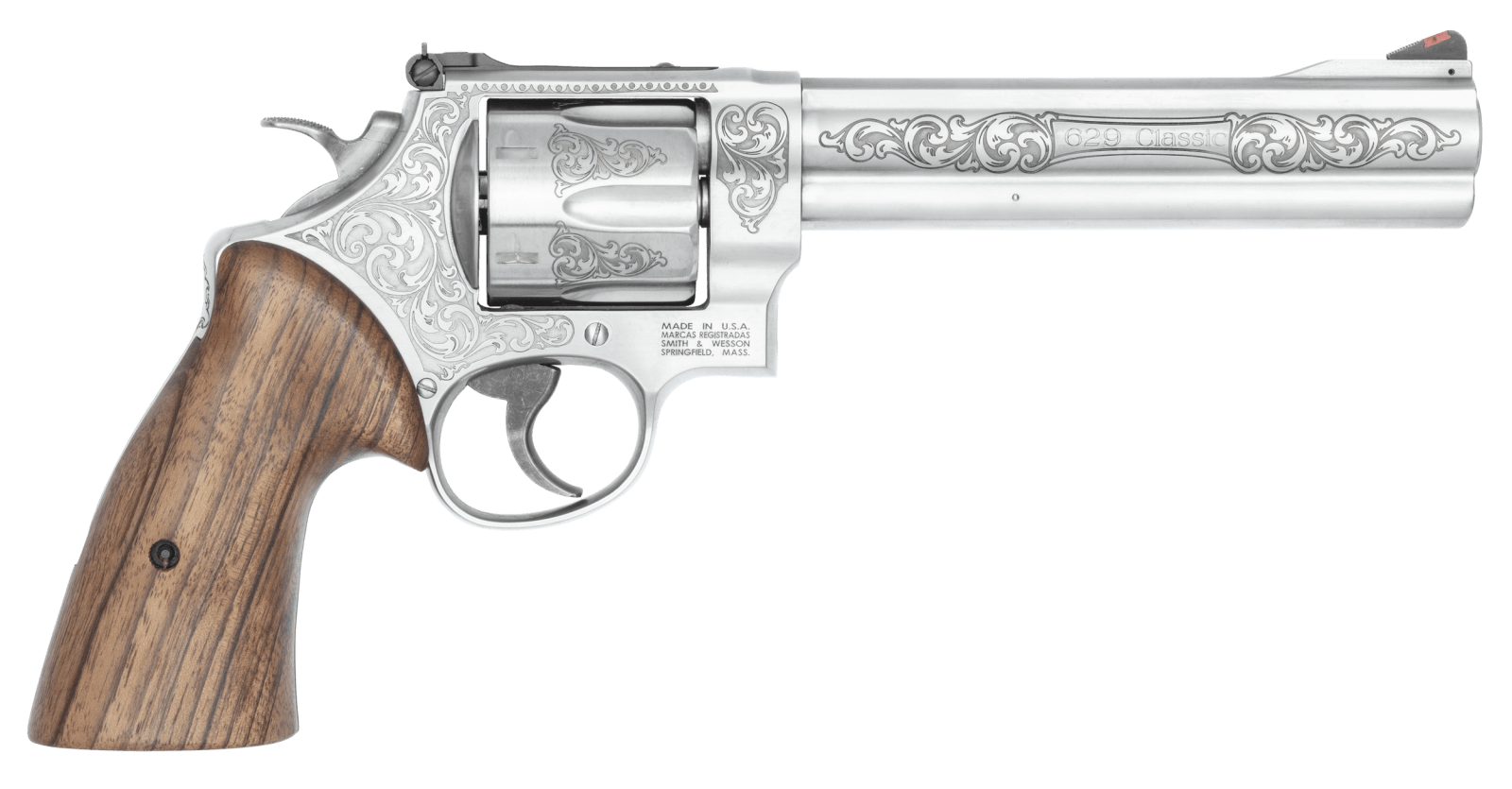 Smith & Wesson 14784 Model 629  N-Frame Large 44 S&W Spl/44 Rem Mag 6 Shot 6.50" Stainless Steel Engraved Barrel, Cylinder & Frame, Tyler Gun Works Bear Hugger Walnut Grip, Exposed Hammer