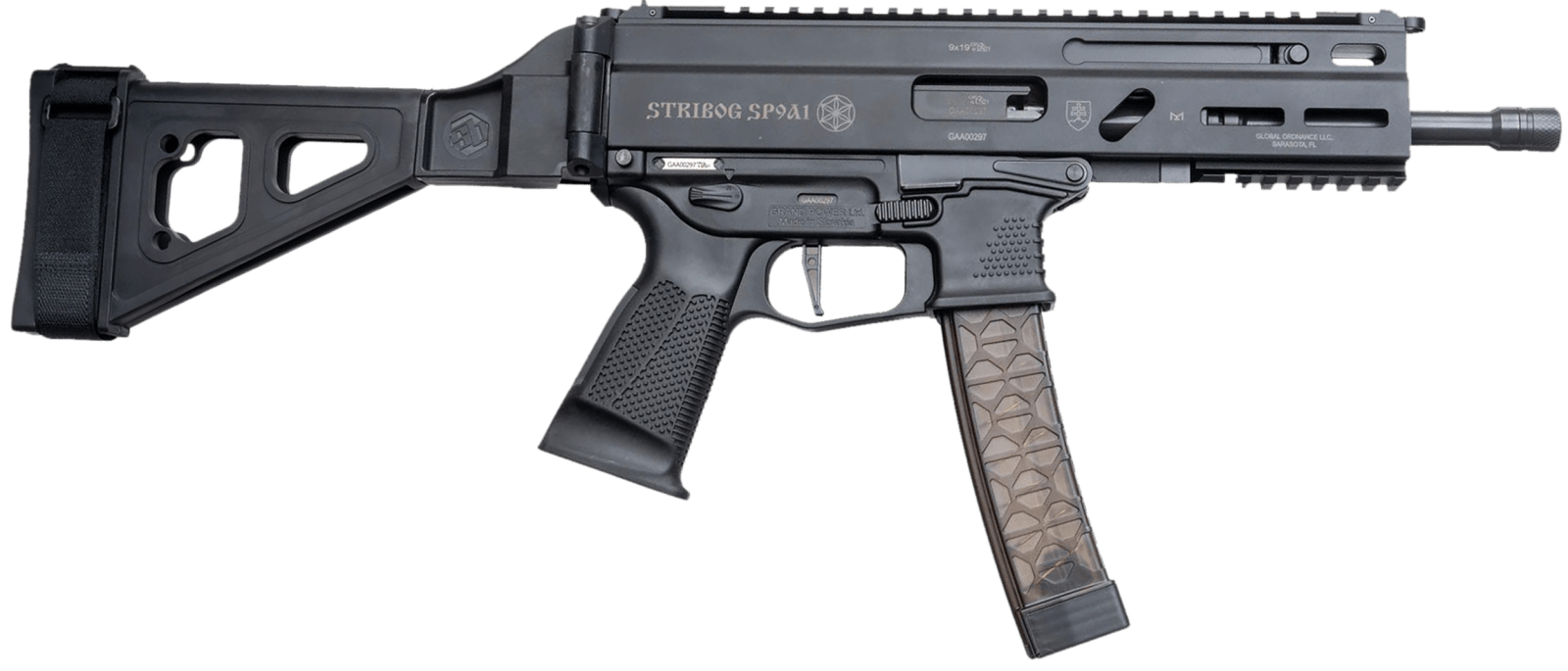 Grand Power 850003223056 SP9A1 Stribog 9mm Luger 30+1 8" Black Threaded Barrel M-LOK Handguard Black Aluminum Picatinny Rail Receiver SB Tactical Brace, Black Polymer Grip, Thread Protector
