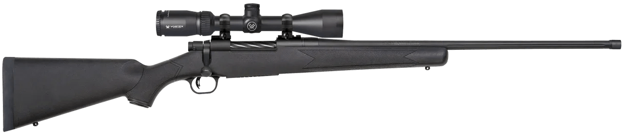 Mossberg 28249 Patriot w/Optic 7mm PRC 3+1 24" Matte Blued Threaded Barrel, Matte Blued Drilled & Tapped Receiver, Fixed Black Synthetic Stock, Vortex Crossfire II 3-9x40mm