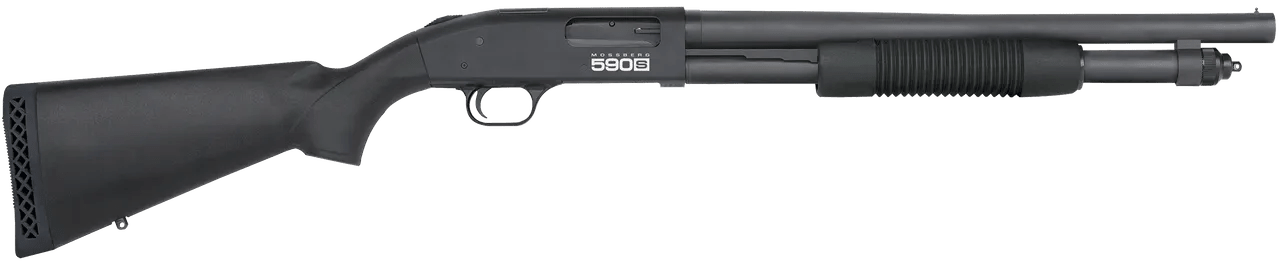 Mossberg 51605 590S 12 Gauge Pump 3" 9+1 18.50" Matte Blued Steel Barrel, Matte Blued Optic Ready Receiver, Fixed Black Synthetic Stock, Right Hand