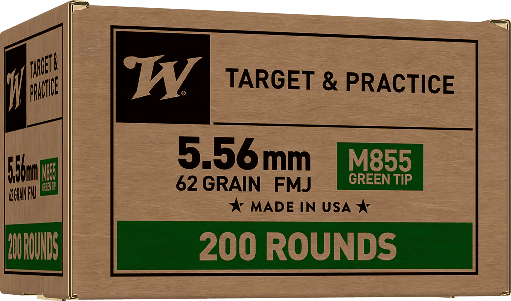 Winchester Ammo WM855200 USA M855 Green Tip 5.56x45mmNATO 62gr Full Metal Jacket 200 Per Box/4 Case
