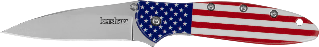 Kershaw 1660USA Leek USA EDC 3" Folding Drop Point Plain Bead Blasted 14C28N Steel Blade, Red/White/Blue Flag Aluminum Handle