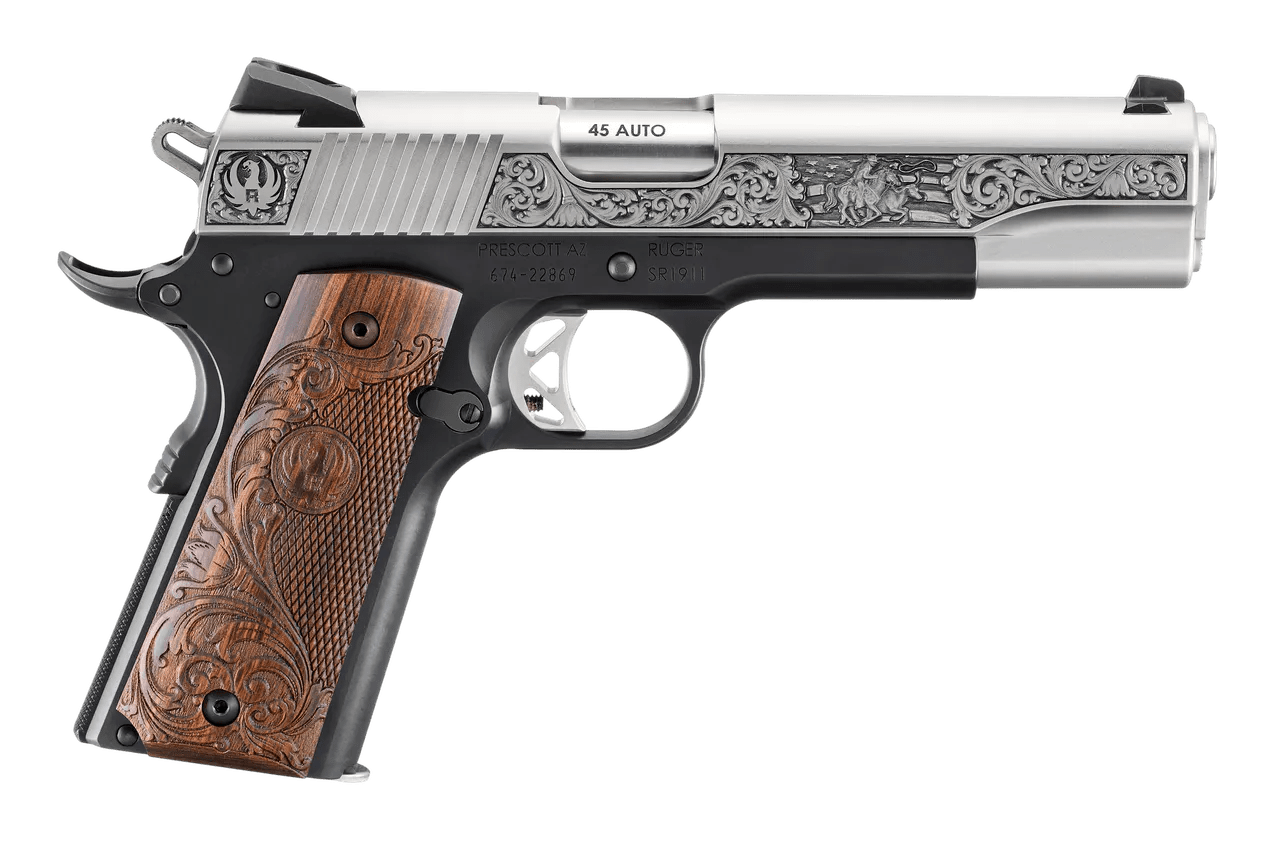 Ruger 16706 SR1911 Limited Edition 45 ACP 8+1 5" Stainless Steel Barrel, Low-Glare Stainless Steel Serrated w/Engraving Slide, Black Anodized Aluminum Frame w/Beavertail, Custom Wood Engraved Grip