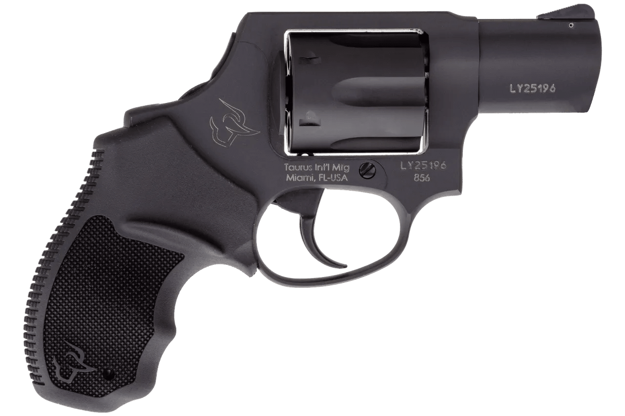 Taurus 2-856021CH 856  Small 38 Special +P 6 Shot 2" Matte Black Carbon Steel Barrel, Cylinder & Frame, Black Finger Grooved Rubber Grip, Transfer Bar Safety, Concealed Hammer
