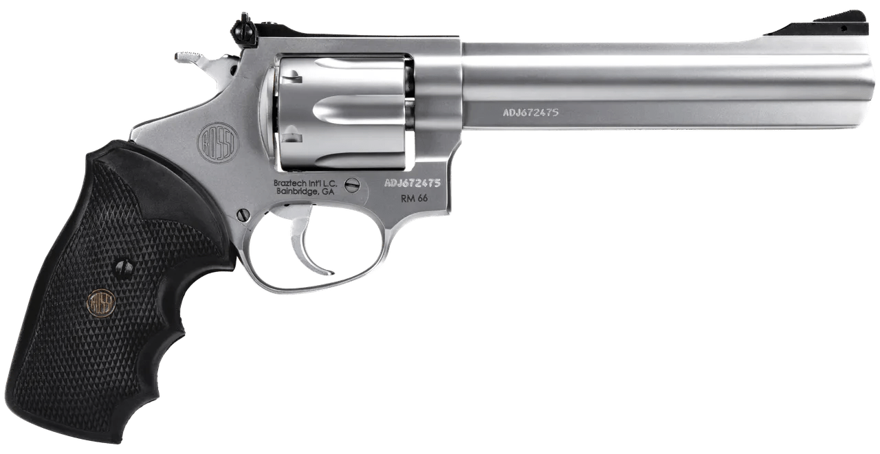 Rossi 2RM669 RM66  357 Mag 6 Shot 6"  Satin Stainless Steel Barrel, Cylinder & Frame Black Checkered Rubber Grip