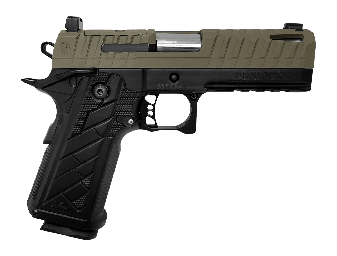Live Free Armory HG8644-N Apollo 11 V2 Compact 9mm Luger 18+1 4.15" Stainless Barrel, Flat Dark Earth Cerakote Steel Optic Ready/Serrated Slide, Black Cerakote Steel Frame w/Beavertail & Picatinny Rai