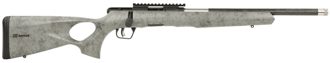 Savage Arms 70518 B Series TimberLite 22 WMR 10+1 18" Carbon Fiber Threaded Barrel, Matte Black Picatinny Rail Carbon Steel Receiver, Gray w/Black Webbing Fixed Thumbhole Synthetic Stock