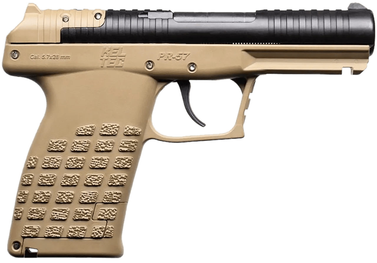 Kel-Tec PR57TAN PR57  Compact Frame 5.7x28mm 20+1 4" Black Steel Barrel, Tan Optic Ready/Serrated Slide, Tan Textured Grip