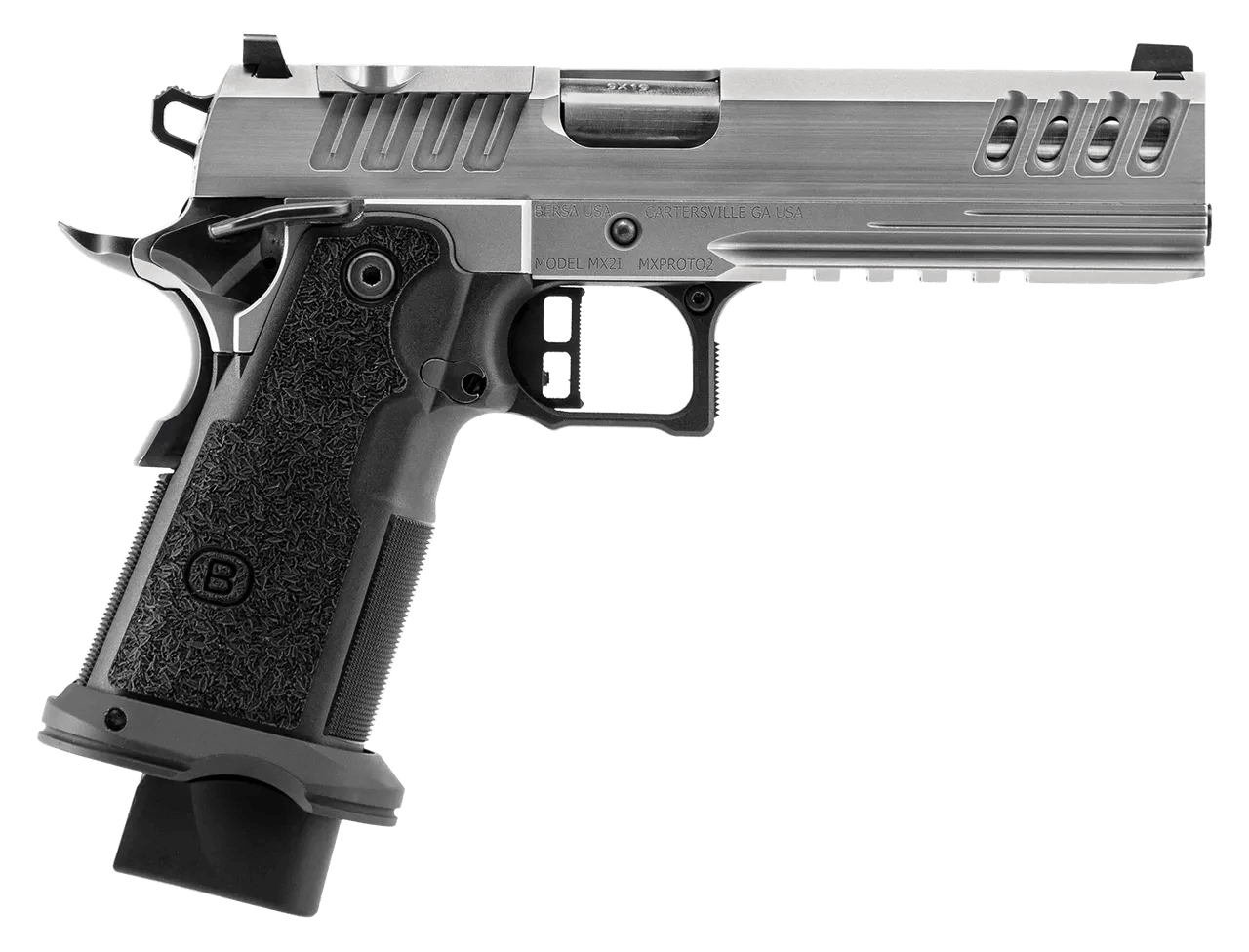 Bersa M2XIO5SSFN2 M2XI 1911 DS 9mm Luger 23+1 5" Black Match Grade Bull Barrel, Stainless Steel Optic Ready/Serrated Slide, Frame w/Beavertail & Picatinny Rail, Textured Grip, Holosun K Footprint, Amb