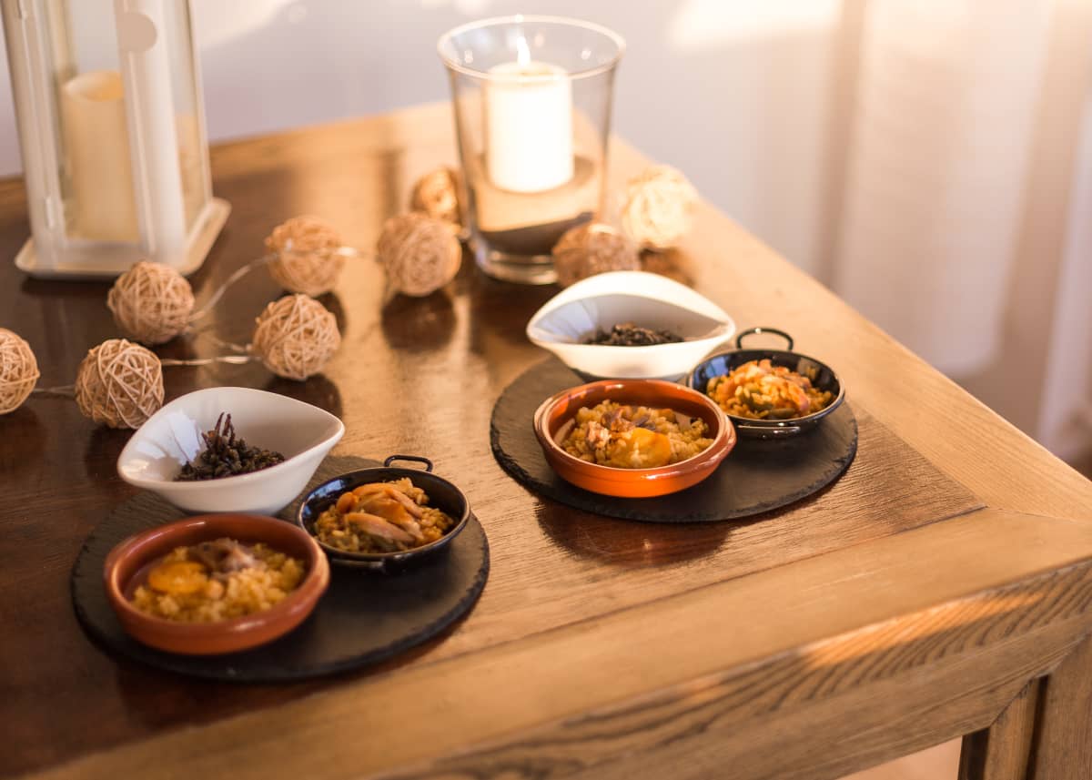 Valencian rice selection on wooden table