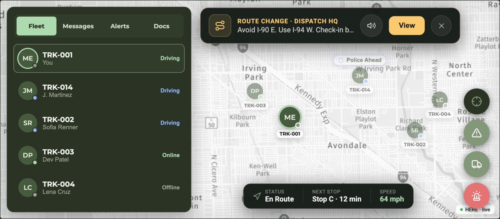 AiDEN GO main in-vehicle fleet screen