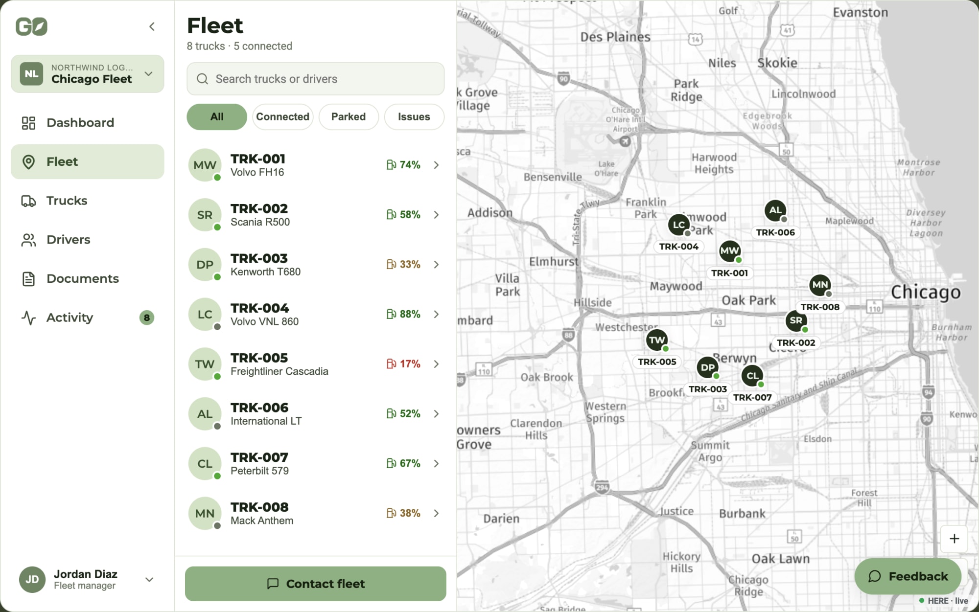 AiDEN GO fleet overview with vehicle list and live Chicago map