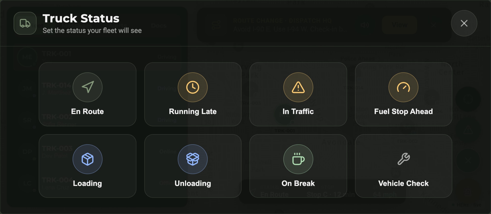 AiDEN GO in-vehicle truck status screen