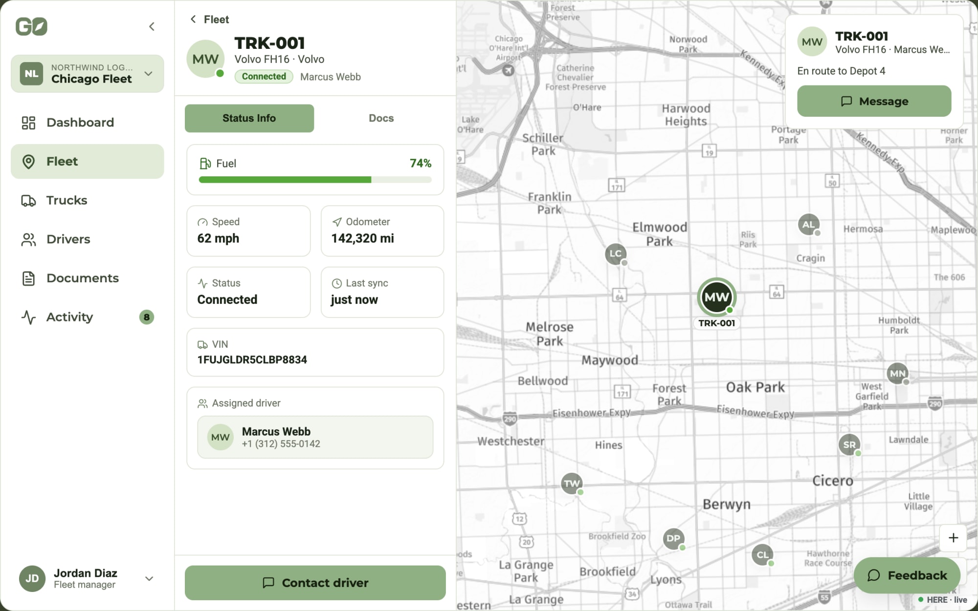 AiDEN GO vehicle detail with truck information and live map