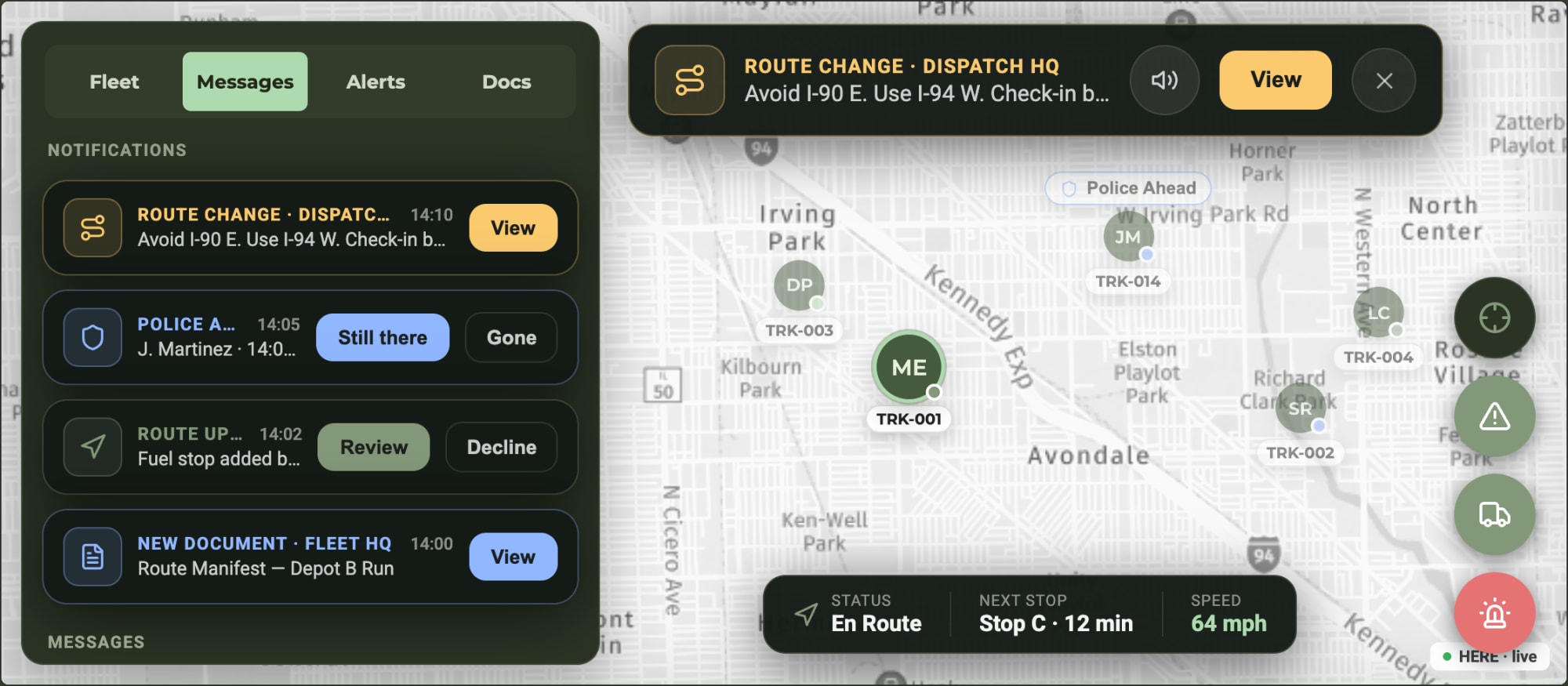 AiDEN GO in-vehicle fleet message from dispatch