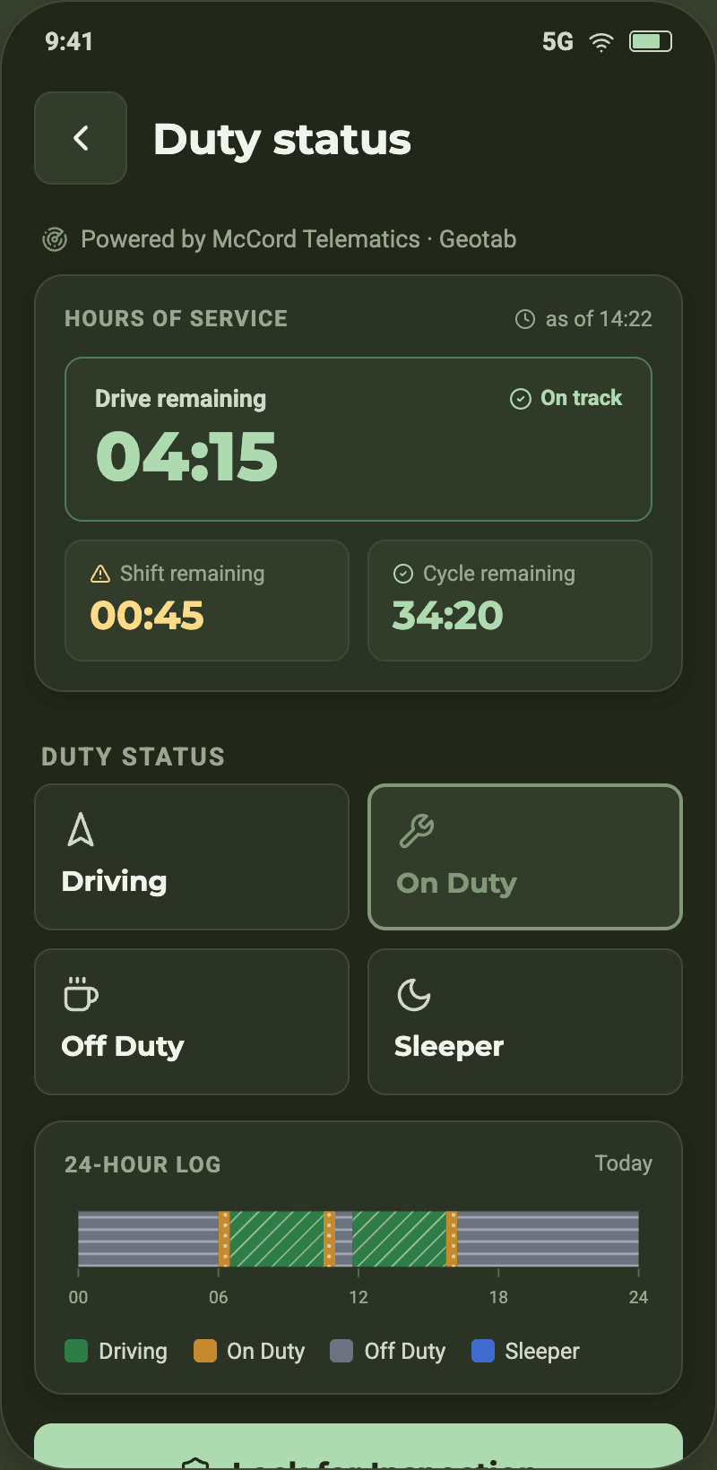 AiDEN GO driver hours of service screen