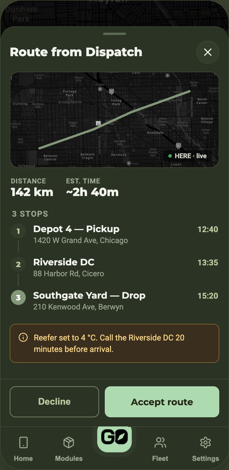 AiDEN GO driver assigned route screen