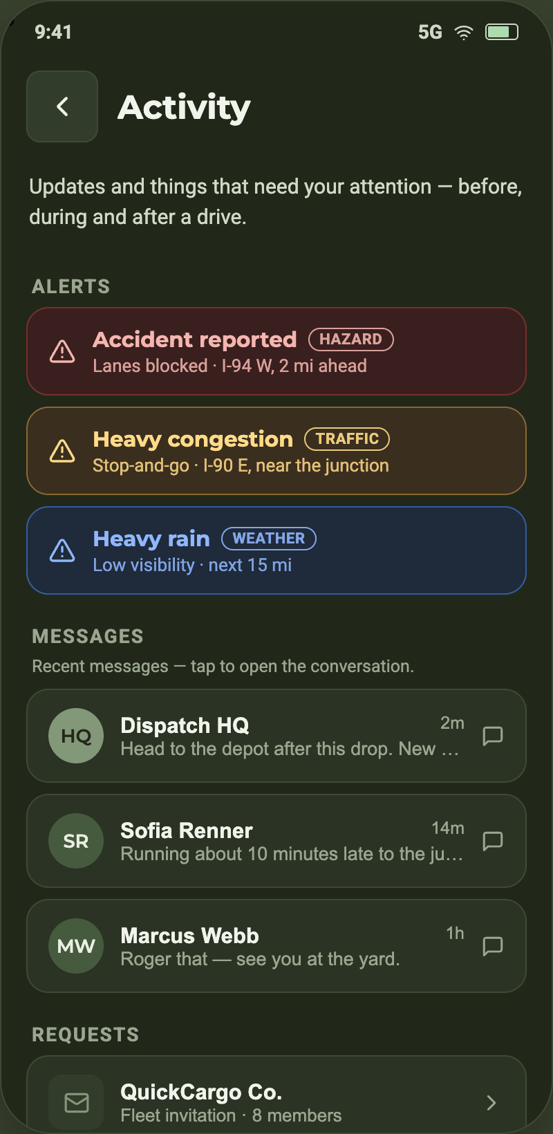 AiDEN GO driver alerts and messages screen