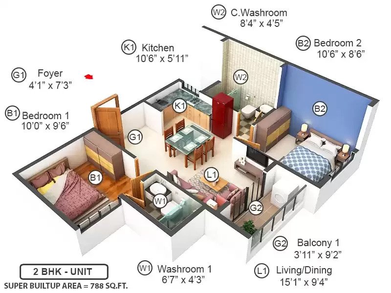 2 BHK floor plan