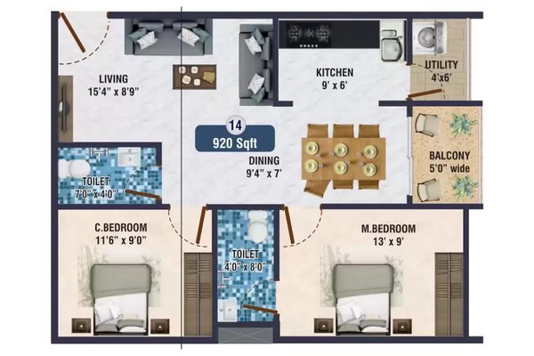 2 BHK floor plan