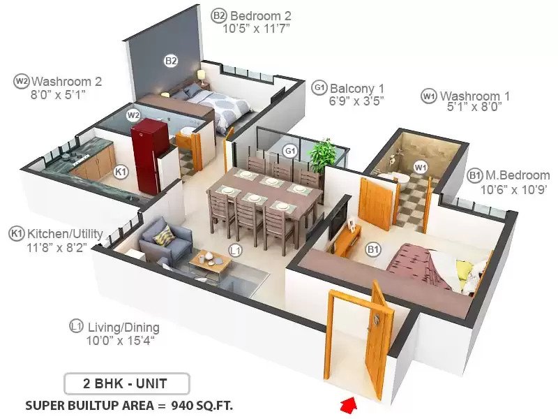 2 BHK floor plan