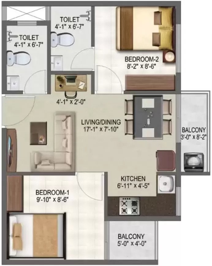 2 BHK floor plan
