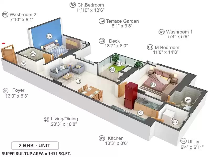 2 BHK floor plan