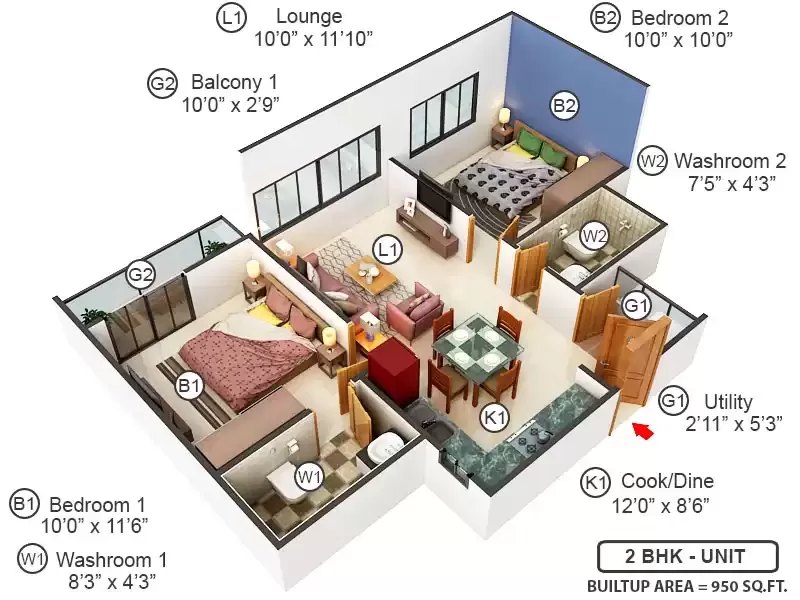 2 BHK floor plan