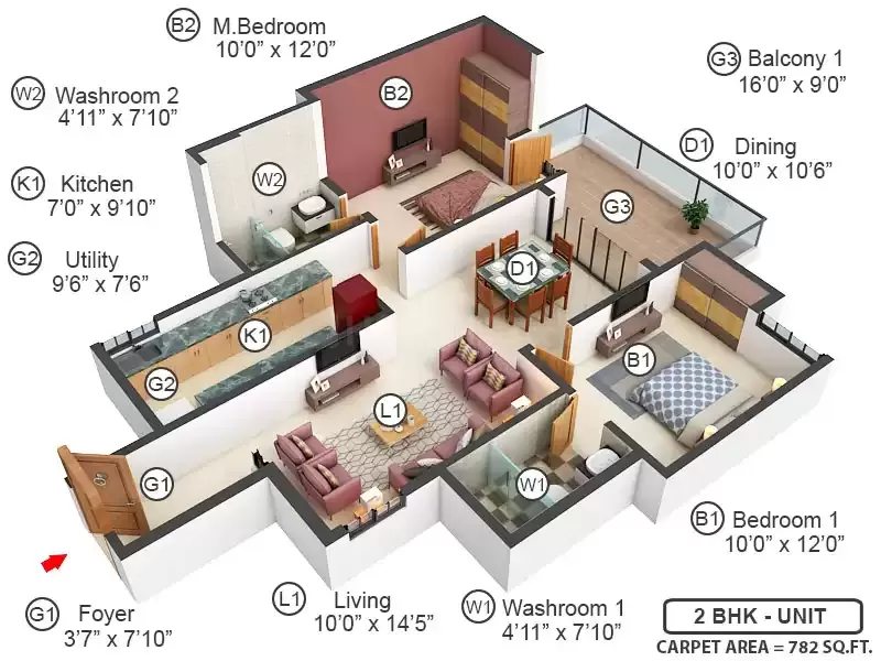 2 BHK floor plan