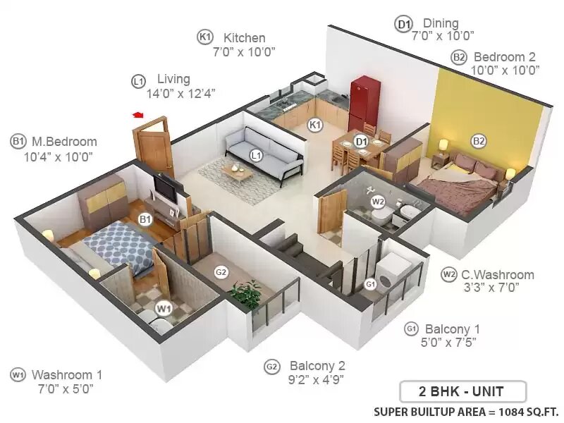 2 BHK floor plan