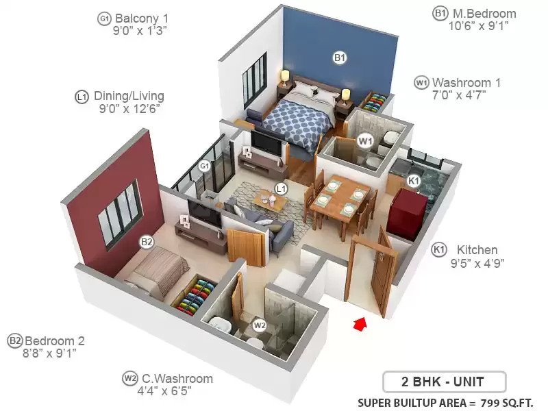 2 BHK floor plan