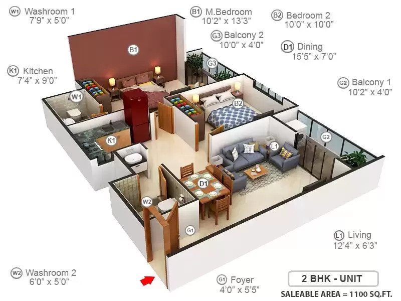 2 BHK floor plan