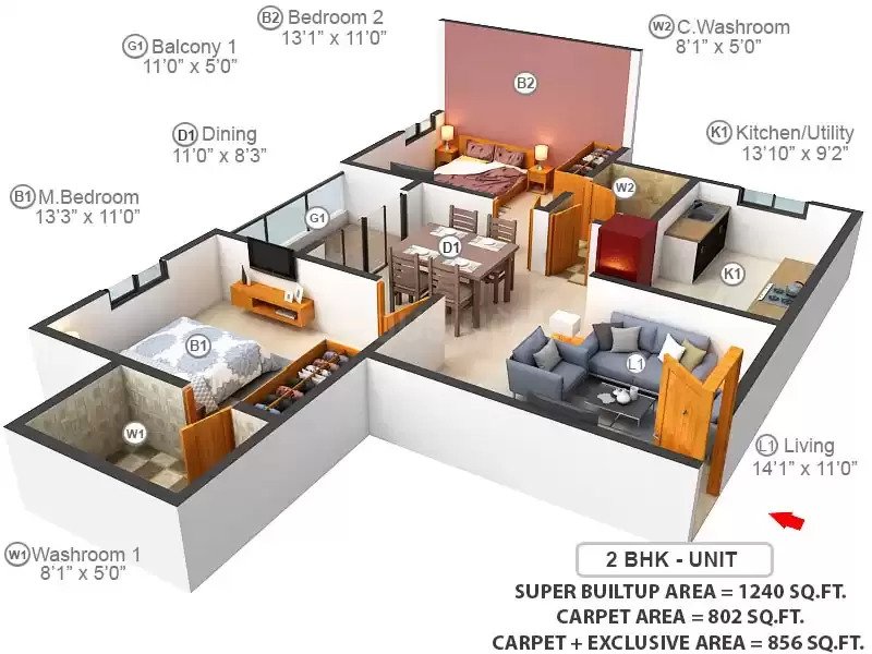 2 BHK floor plan