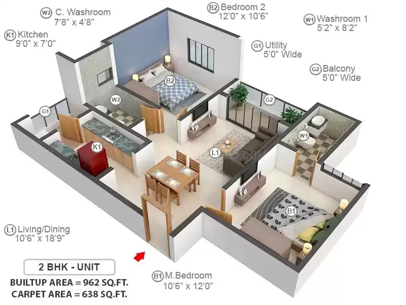 2 BHK floor plan
