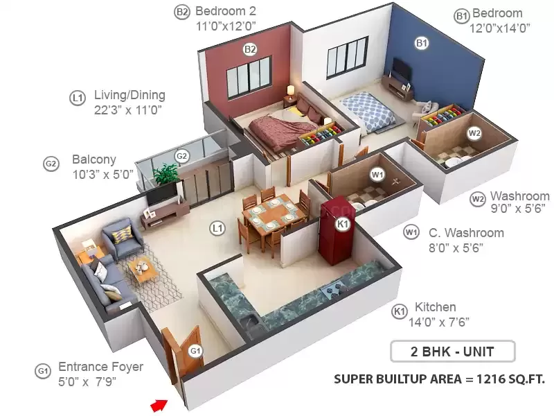 2 BHK floor plan