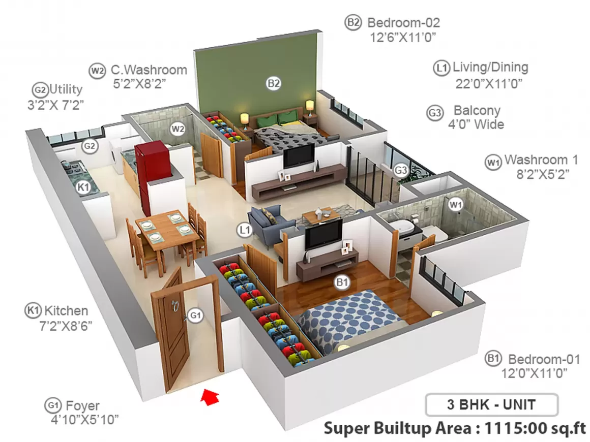 2 BHK floor plan