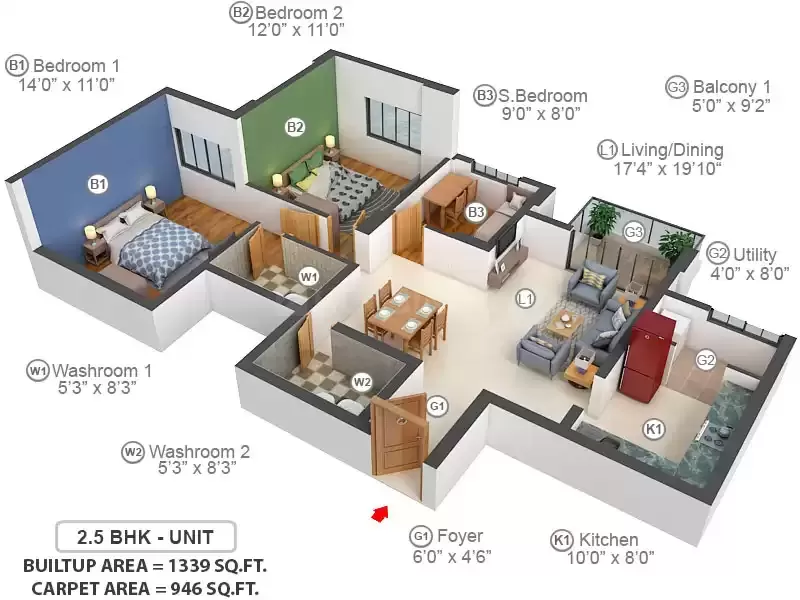 2 BHK floor plan