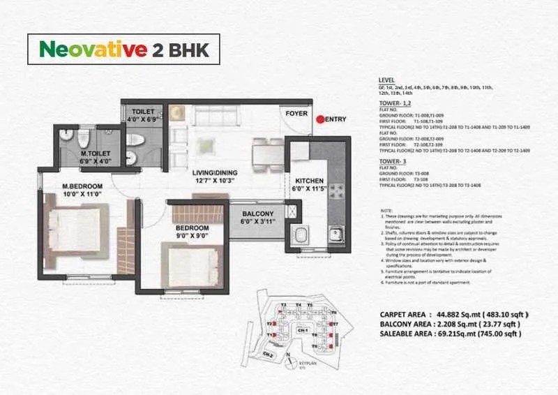 2 BHK floor plan