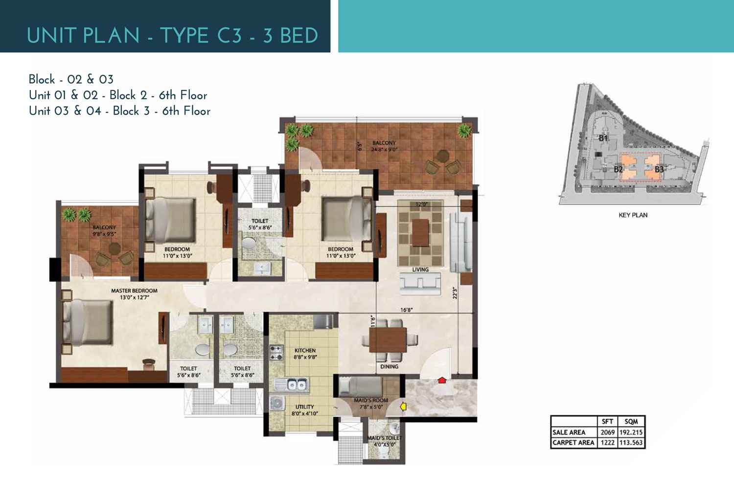 3 BHK floor plan