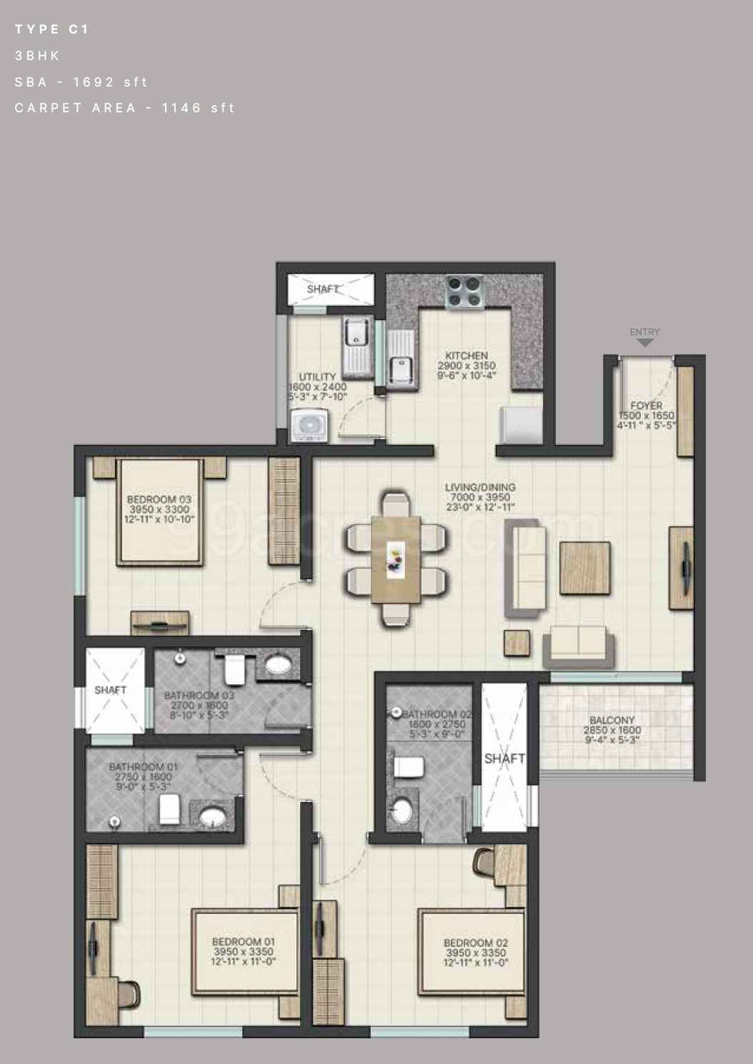 3 BHK floor plan