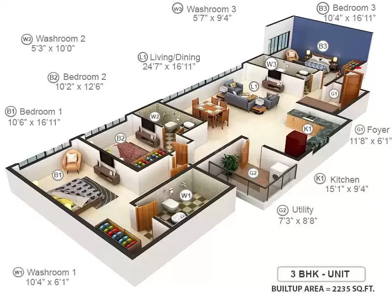 3 BHK floor plan