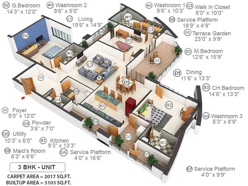 3 BHK floor plan