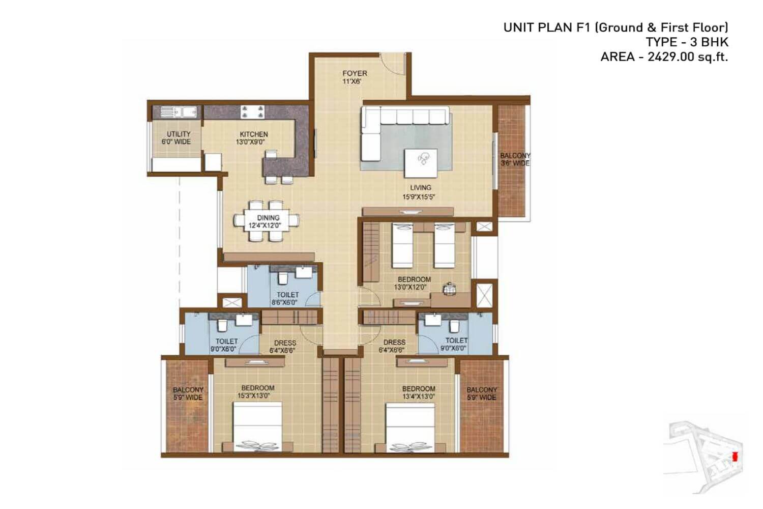3 BHK floor plan